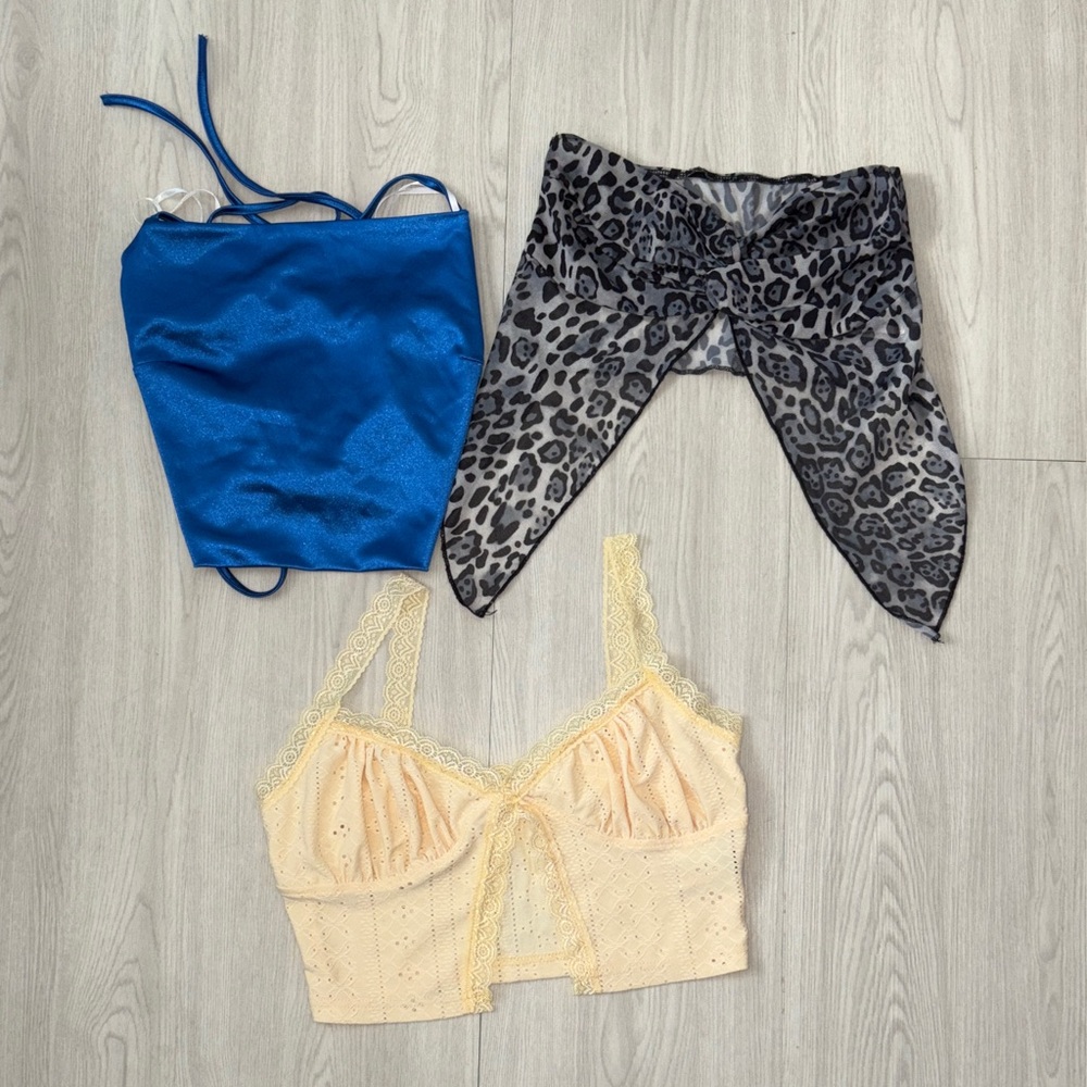 SHEIN Blue Satin, yellow eyelet, and Leopard Print Bandeau Trio